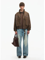 Retro Zipper Pocket Bomber Leather Jacket 5