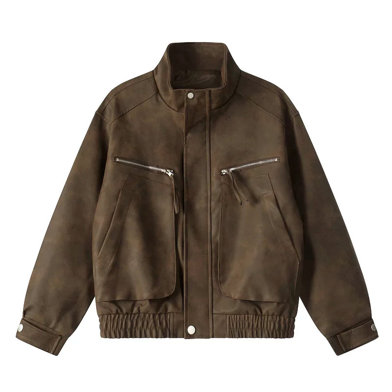 6190858426650,6190858426651,6190858426652,6190858426653, Retro Zipper Pocket Bomber Leather Jacket
