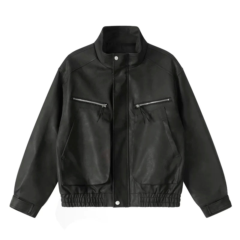 6190858426654,6190858426655,6190858426656,6190858426657, Retro Zipper Pocket Bomber Leather Jacket