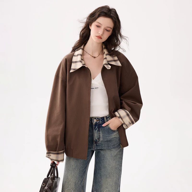 6196586806023,6196586806025,6196586806027, Reversible Plaid Collar Zip Front Coat