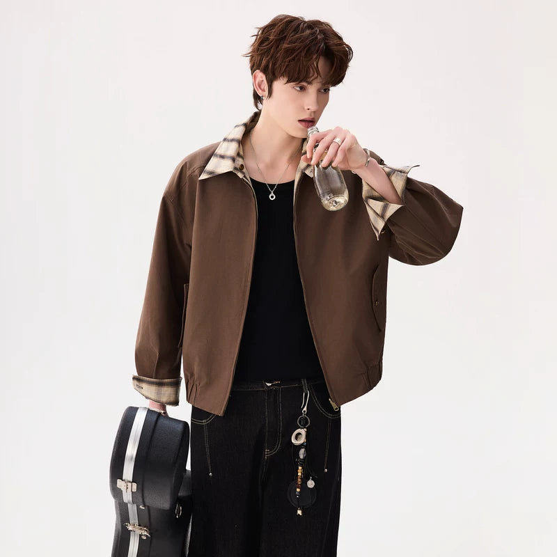 6195637419511,6195637419512,6195637419513,6195637419514, Reversible Plaid Collar Zip Jacket