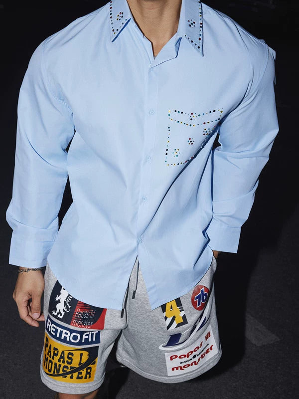 Rhinestone Embellished Relaxed Fit Lapel Shirt 3