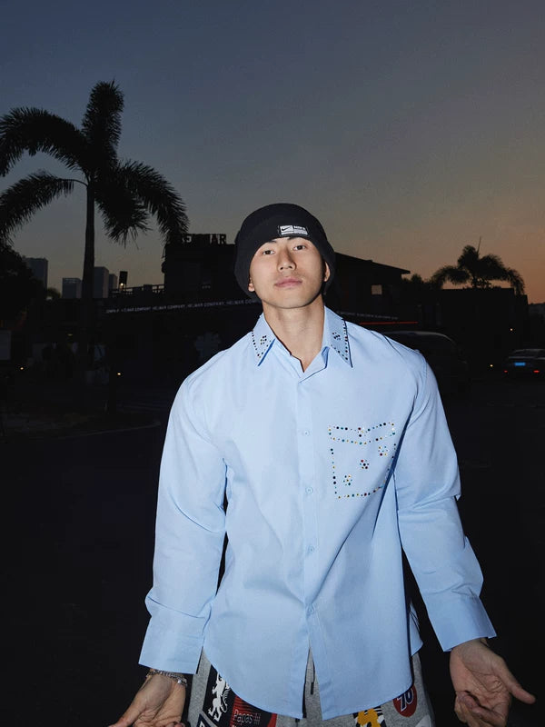 Rhinestone Embellished Relaxed Fit Lapel Shirt 4