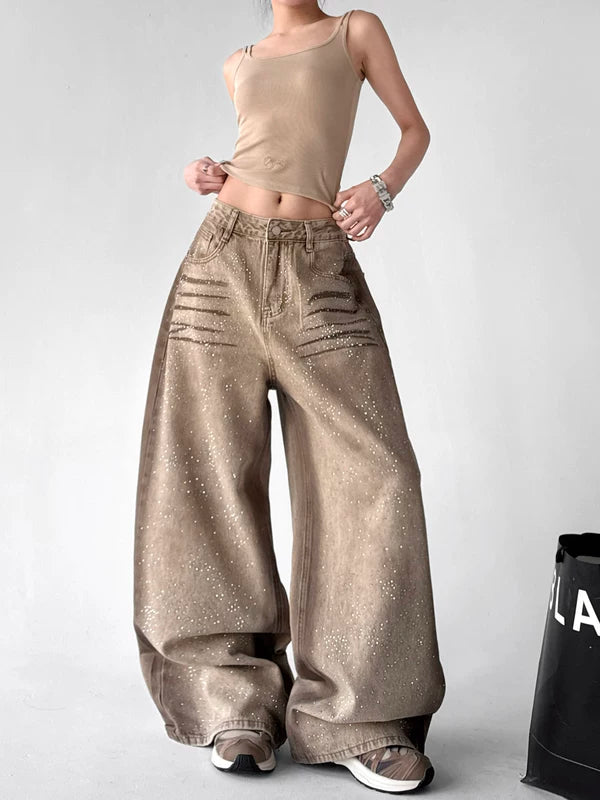 Rhinestone High-Waisted Wide-Leg Jeans Pants 2