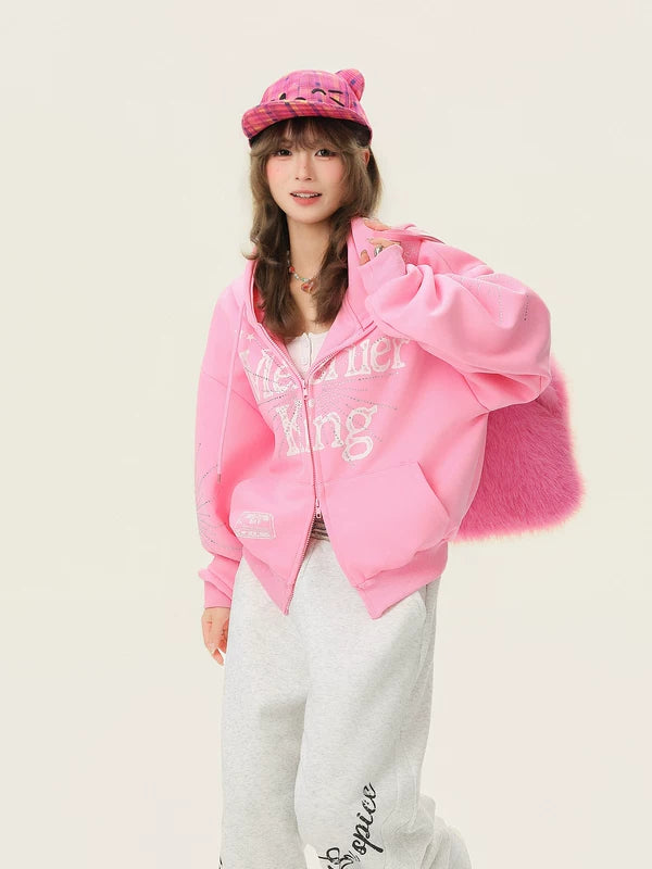 Rhinestone Letter Print Zip Hooded Sweatshirt 4