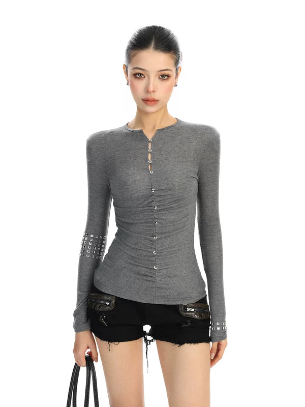 Rhinestone Ruched Long Sleeve Slim T-Shirt 4