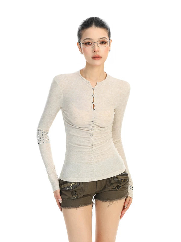 Rhinestone Ruched Long Sleeve Slim T-Shirt 5