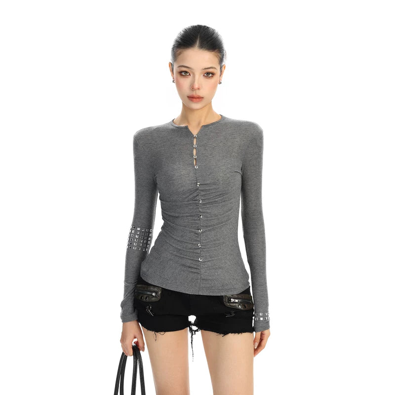 6033046377293,6033046377294,6033046377295, Rhinestone Ruched Long Sleeve Slim T-Shirt