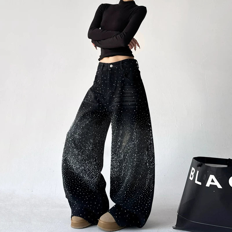 Rhinestone Wide Leg Denim Jeans Pants 2