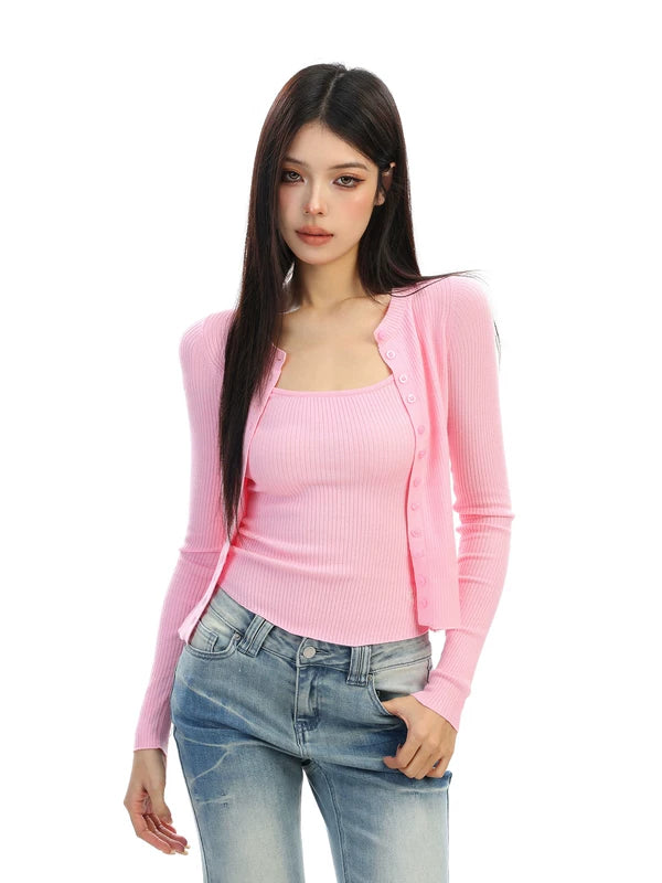 Ribbed Camisole and Button Cardigan Set 2