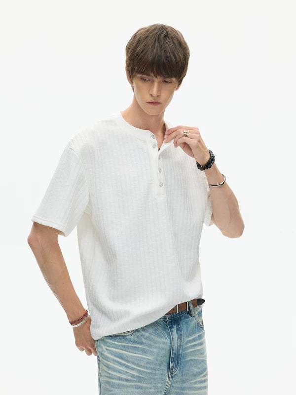 Ribbed Knit Short Sleeve Henley Shirt 2
