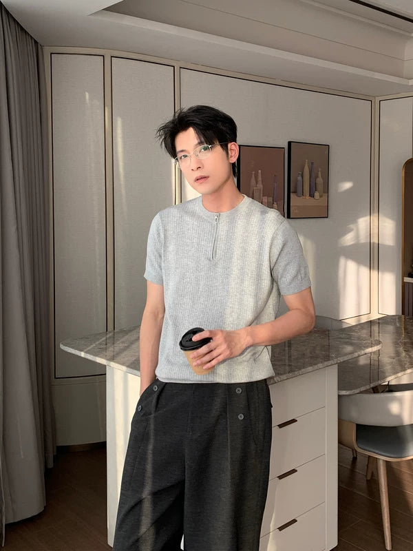 Ribbed Knit Short Sleeve Zip T-Shirt 2