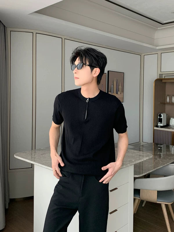 Ribbed Knit Short Sleeve Zip T-Shirt 4