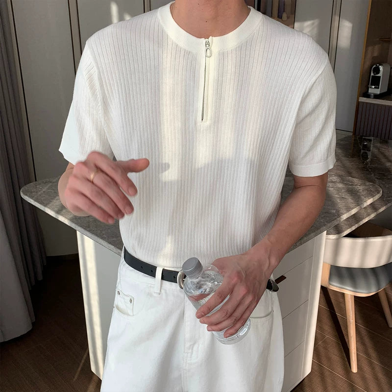 6196378955962,6196378955963,6196378955964, Ribbed Knit Short Sleeve Zip T-Shirt