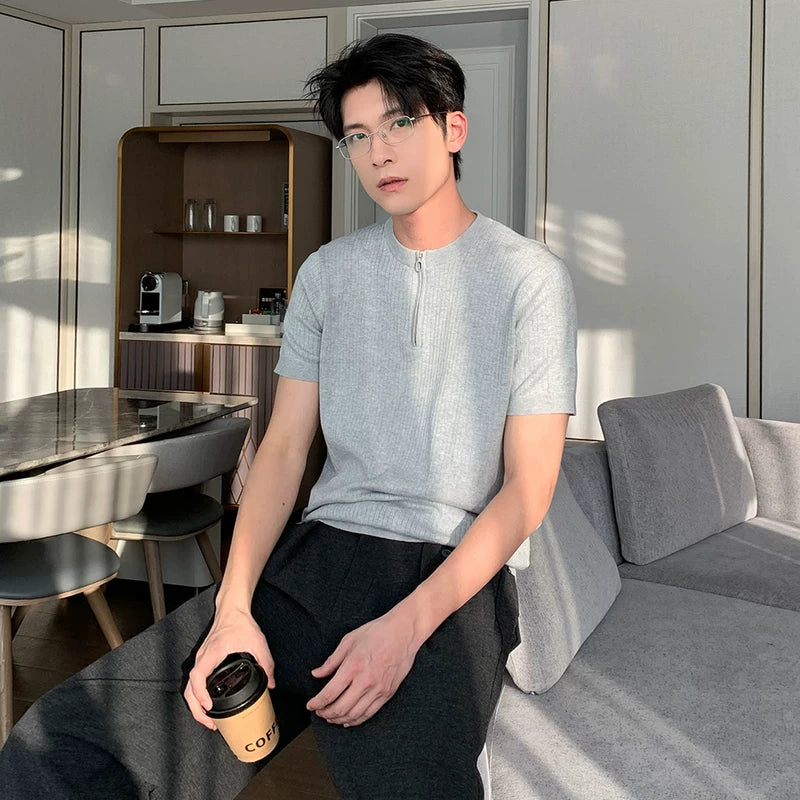 6196378955965,6196378955966,6196378955967, Ribbed Knit Short Sleeve Zip T-Shirt