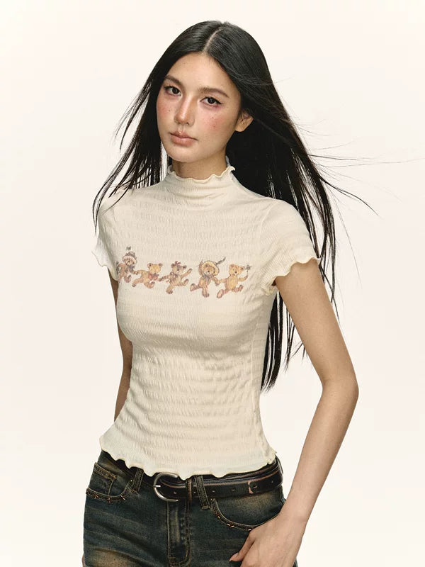 Ribbed Mock Neck Bear Graphic T-Shirt 2