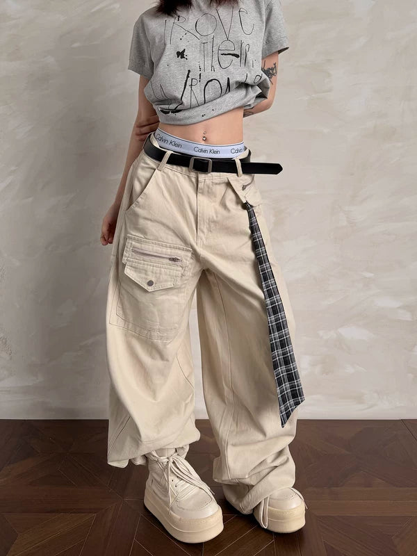 Ribbon Detail Multi-Pocket Wide-Leg Cargo Pants 2