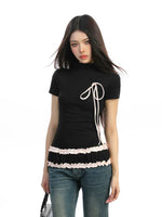 Ruffled Bow Trim Mock Neck Top 2