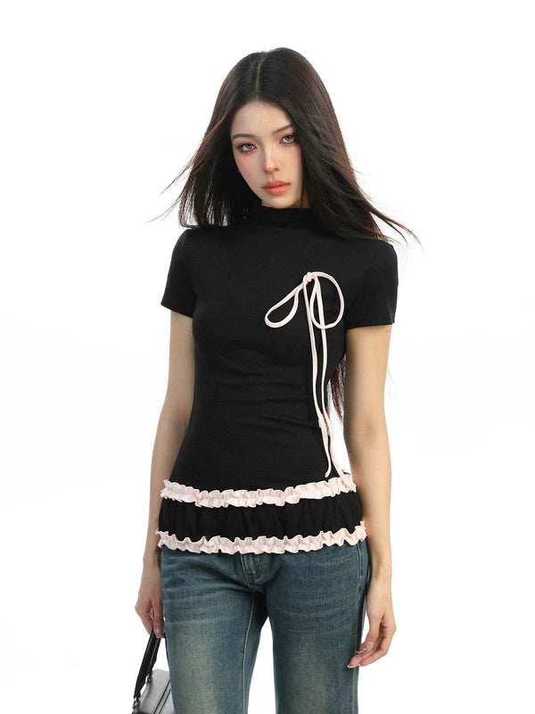 Ruffled Bow Trim Mock Neck Top 2