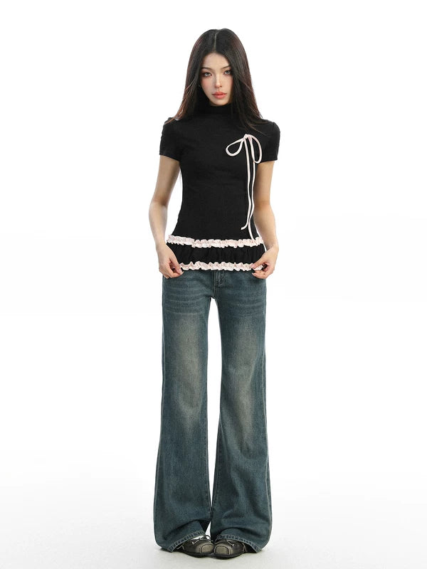 Ruffled Bow Trim Mock Neck Top 4