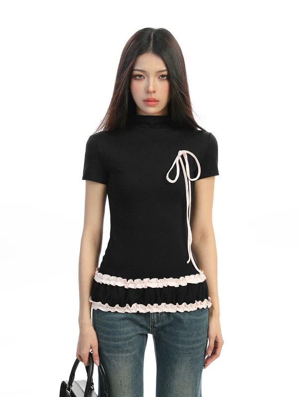 6180771895875,6180771895876,6180771895877, Ruffled Bow Trim Mock Neck Top