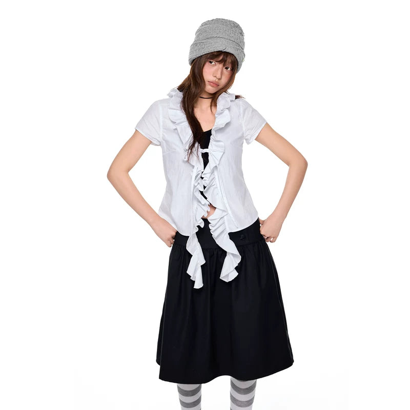 6046296328718,6046296328719,6046296328720, Ruffled V-Neck Plaid Short Sleeve Shirt