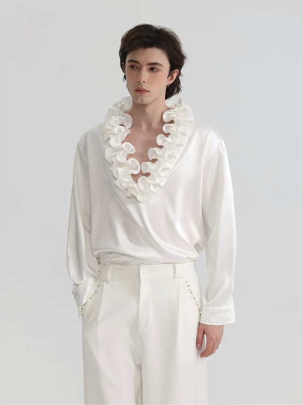 Ruffled V-Neck Satin Long Sleeve Shirt 2