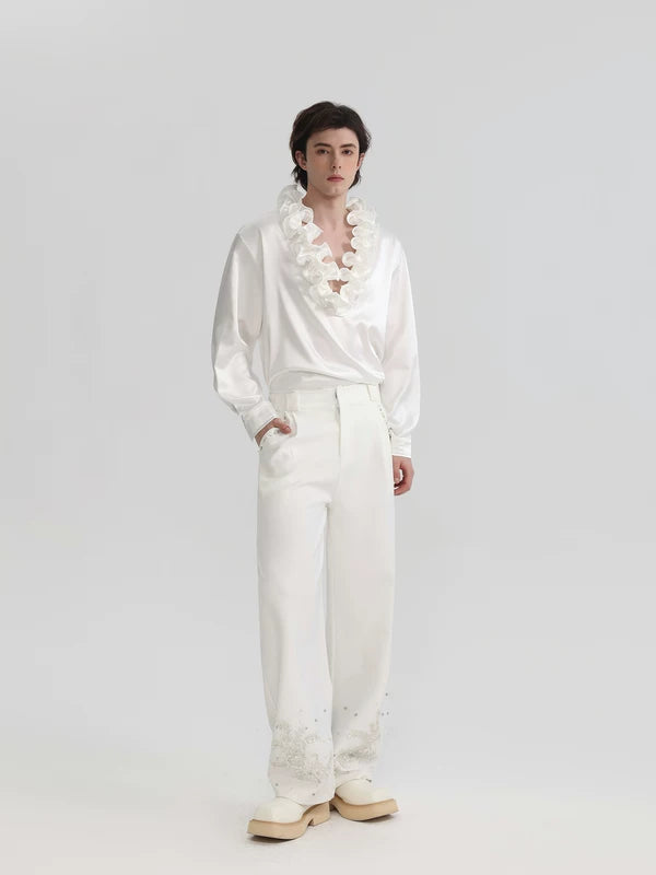 Ruffled V-Neck Satin Long Sleeve Shirt 4