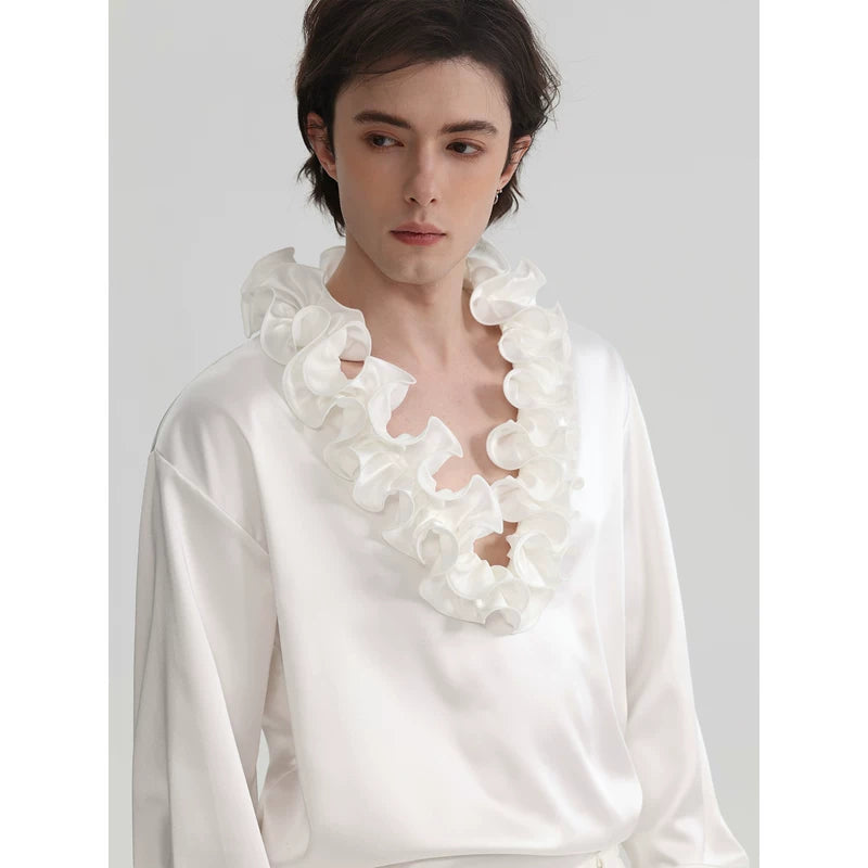 6036721053856,6036721053857,6036721053858, Ruffled V-Neck Satin Long Sleeve Shirt