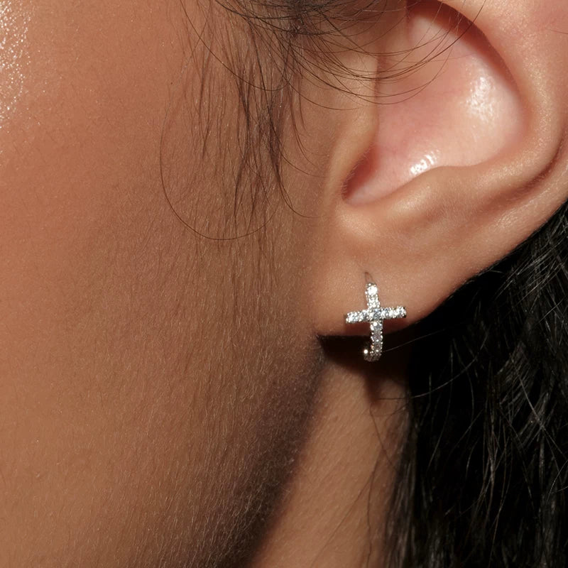 S925 Sterling Silver Mini Cross Hoop Earrings 3