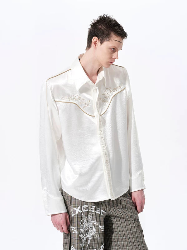 Satin Long-Sleeve Shirt with Musical Embroidery 2