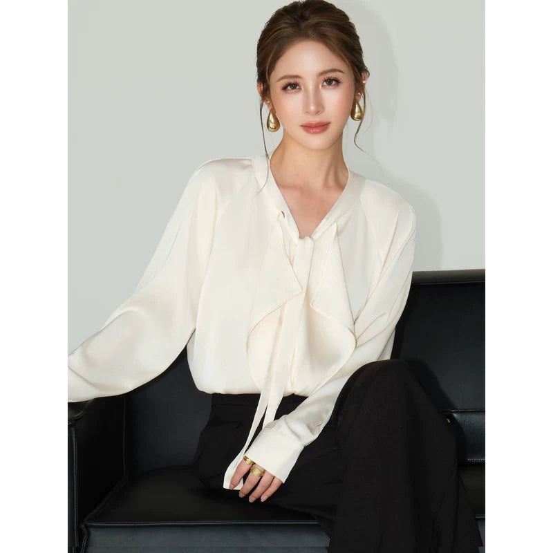 6177917191817,6177917191818,6177917191819,6177917191820, Satin Tie Neck Asymmetrical Blouse