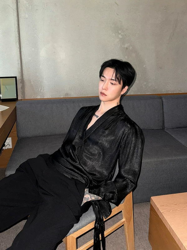 Satin Wrap V-Neck Long Sleeve Shirt 2