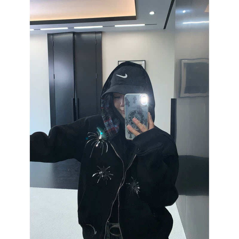 ,1627207:34569892430,6181563559457,1627207:34569892430,6181563559458,1627207:34569892430,6181563559459,1627207:34569892430,6181563559460,6181563559457,6181563559458,6181563559459,6181563559460, Sequin Embroidered Zip Up Hooded Jacket