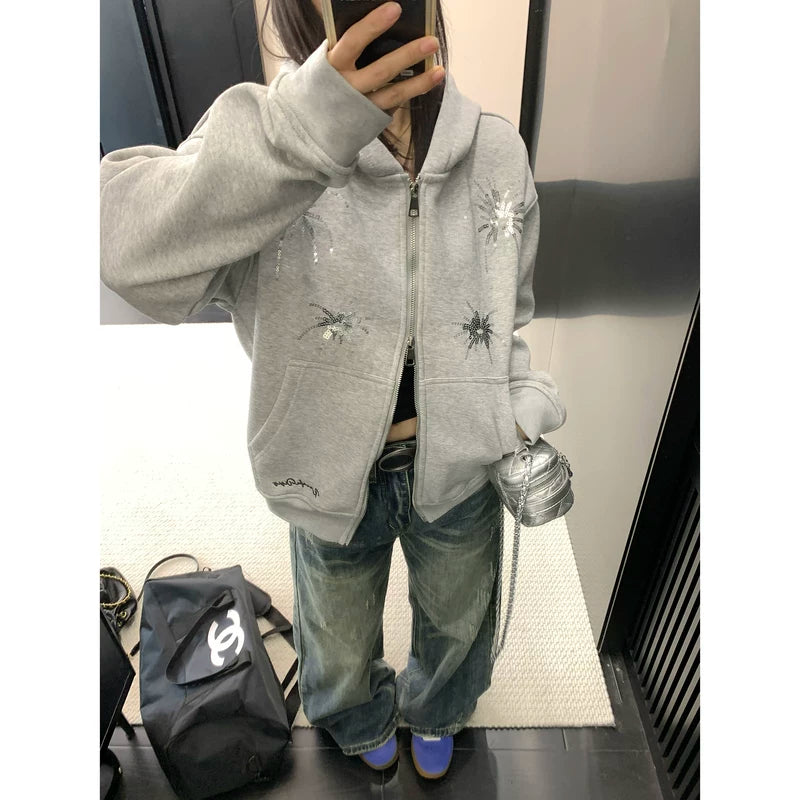 Sequin Embroidered Zip Up Hooded Jacket 5