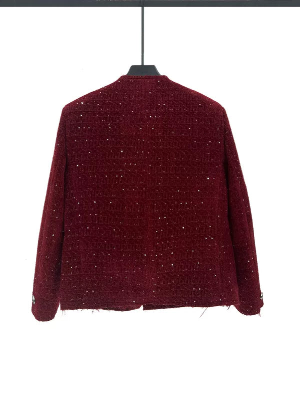 Sequined Tweed Collarless Short Jacket 3