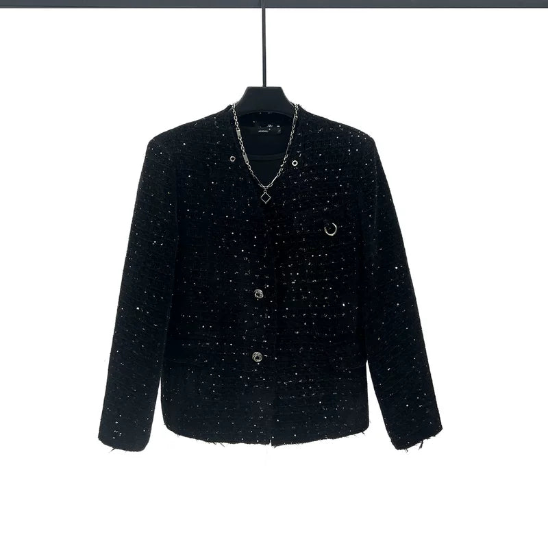 24228:42176505713,6176076578128,24228:42176505713,6176076578129,24228:42176505713,6176076578130,6176076578128,6176076578129,6176076578130, Sequined Tweed Collarless Short Jacket