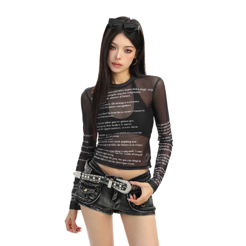 6196687930233,6196687930234,6196687930235, Sheer Letter Print Long Sleeve Top