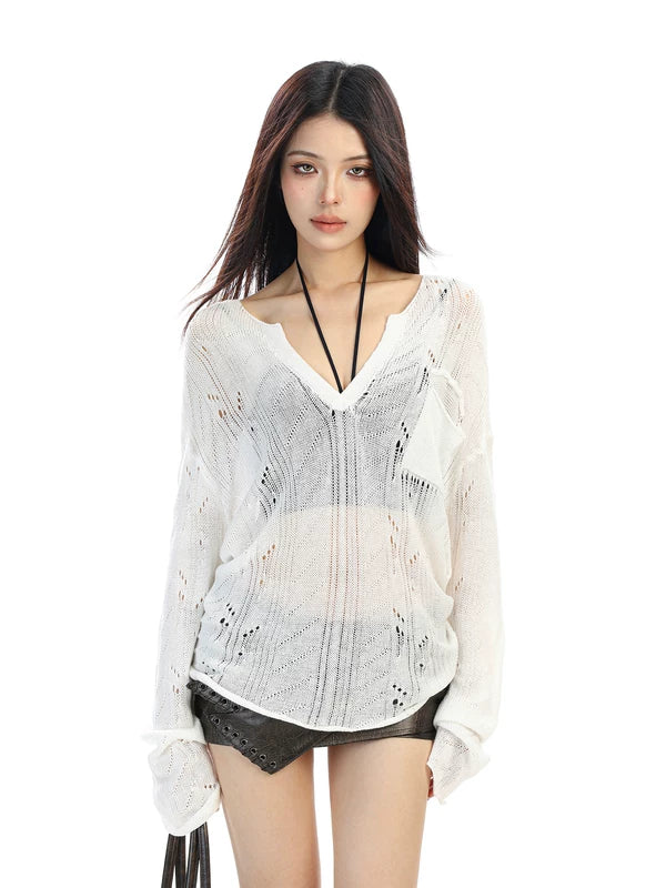 ,6027283765585,6027283765586,6027283765587, Sheer V-Neck Knit Cover-Up Top