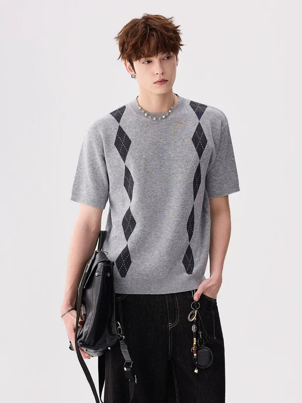 Short-Sleeve Argyle Knit Sweater Top 1