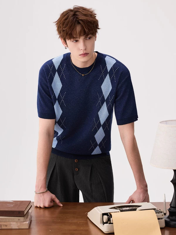 Short-Sleeve Argyle Knit Sweater Top 5