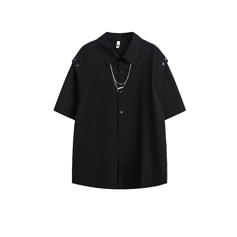 6188698354240,6188698354241,6188698354242,6188698354243,6188698354244, Short-Sleeve Button-Up Necklace Detail Shirt