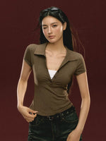 Short Sleeve Collared V-Neck Pullover Top 2