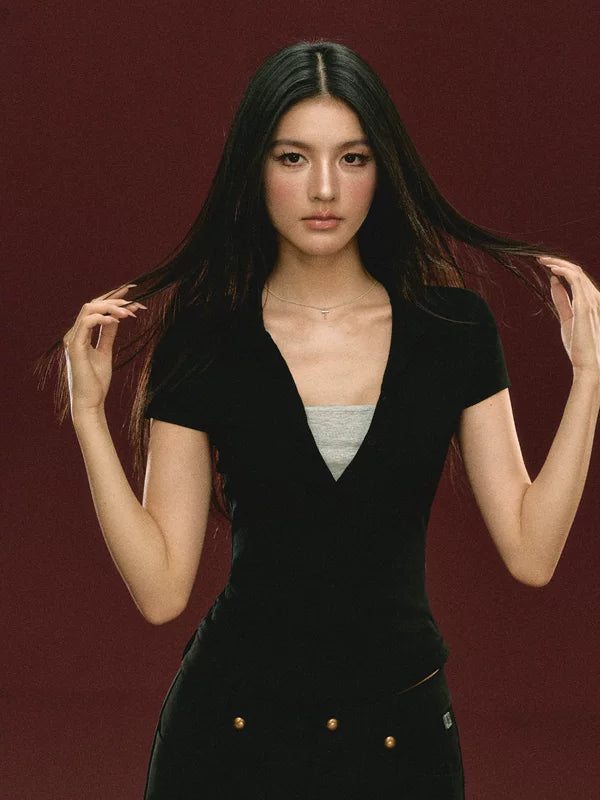 Short Sleeve Collared V-Neck Pullover Top 3