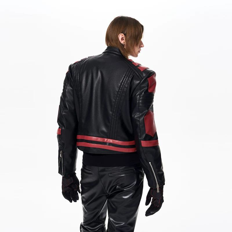 Short Stand Collar Motorcycle Leather Jacket 3