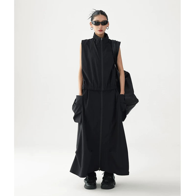 6203438446342,6203438446346,6203438446344,6203438446348, Sleeveless Zip Vest and Skirt Set