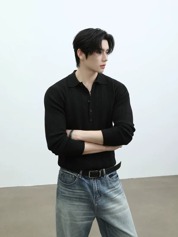 Slim Fit Ribbed Knit Long Sleeve Polo 3