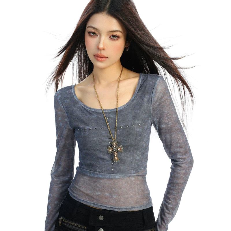 Slim-Fit Sheer Long-Sleeve Rivet T-Shirt 3