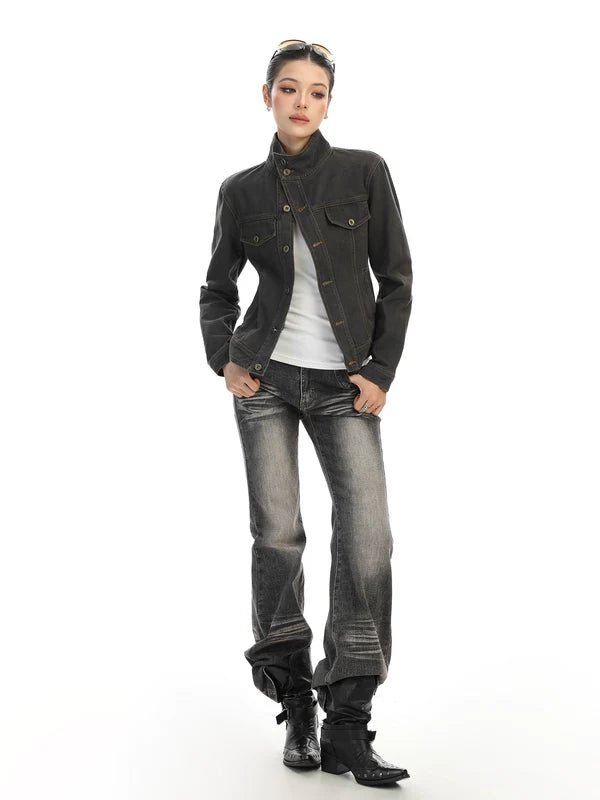 Slim Fit Stand Collar Denim Jacket 3