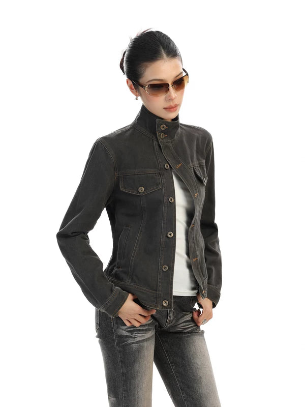 Slim Fit Stand Collar Denim Jacket 5